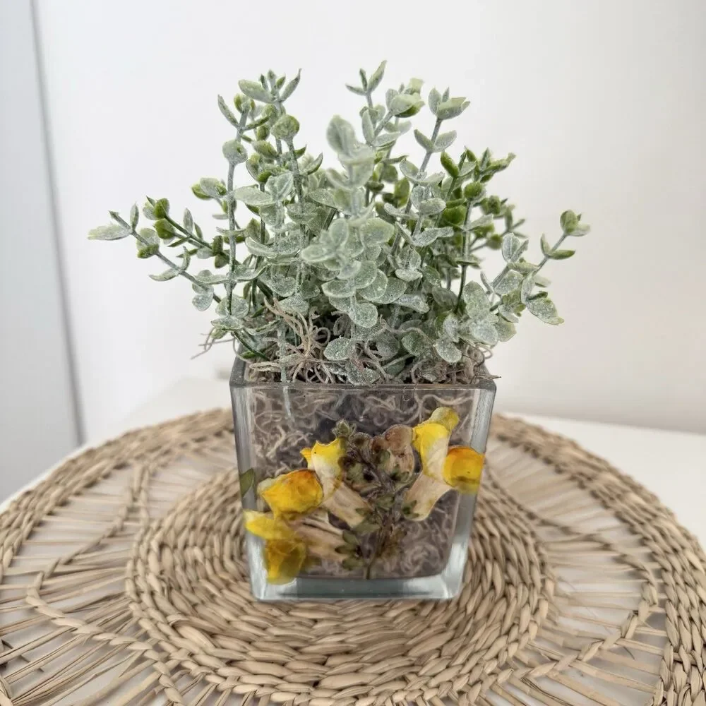Handmade Faux Green Plant Arrangement In Dried Flower Glass Planter